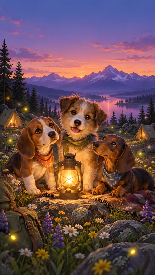 Puppies Around a Camp Lantern — Pets wallpaper