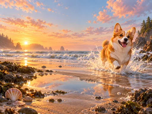 Corgi at the Sunrise Shore — Pets wallpaper