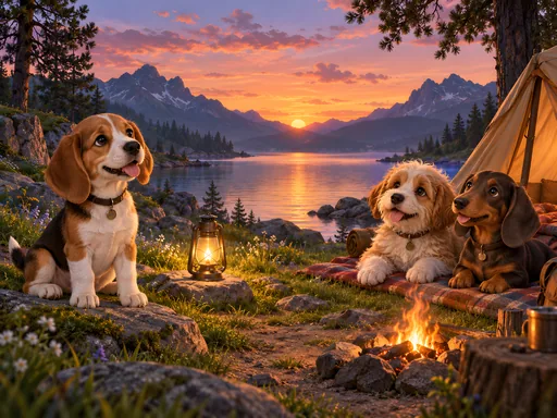 Puppies at a Twilight Campsite — Pets wallpaper