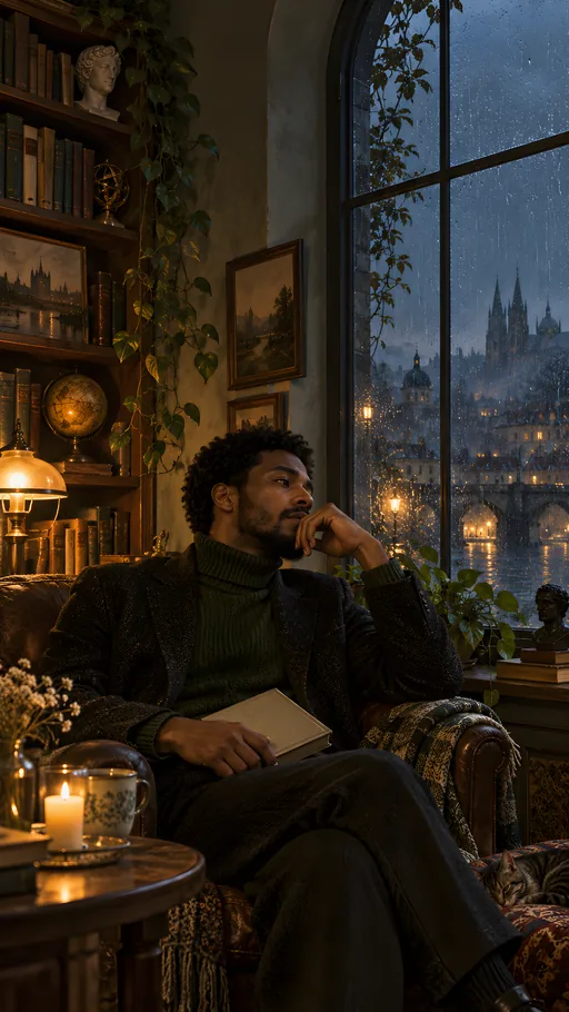 Poet by a Rainy Library Window — People & Portraits wallpaper