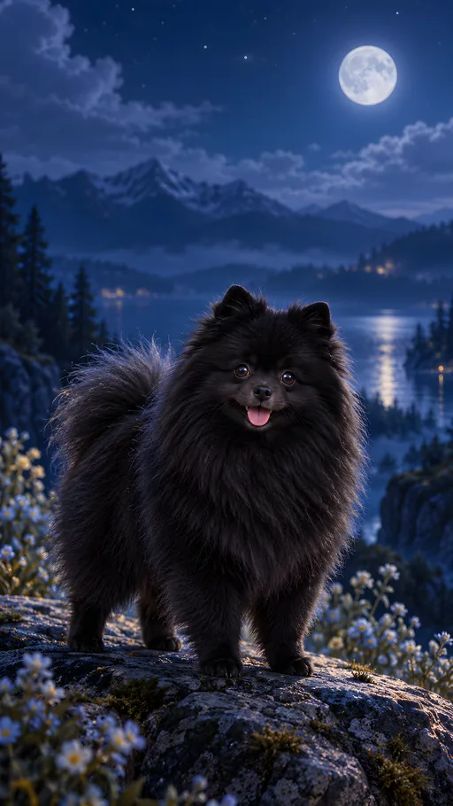 Black Pomeranian in Blue Light — Pets wallpaper