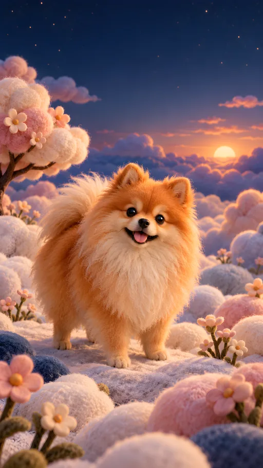 Felt Pomeranian in a Cloud Garden — Pets wallpaper