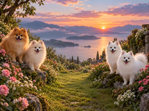 Spitz Dogs Along Flower Banks — Pets wallpaper
