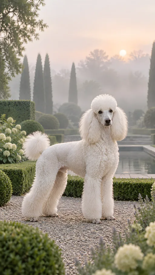 White Poodle in a Misty Garden — Pets wallpaper