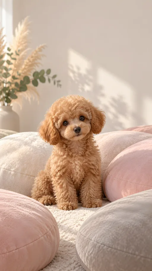 Toy Poodle Puppy on Pastel Cushions — Pets wallpaper