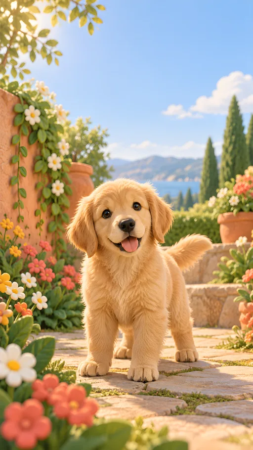 3D Golden Puppy in a Tiny Garden — Pets wallpaper