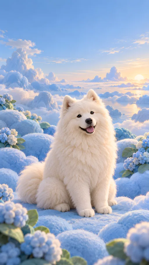 Felt Samoyed in a Cloud Garden — Pets wallpaper