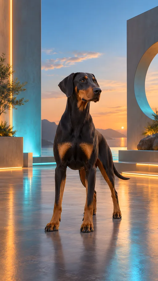 3D Doberman in a Neon Room — Pets wallpaper