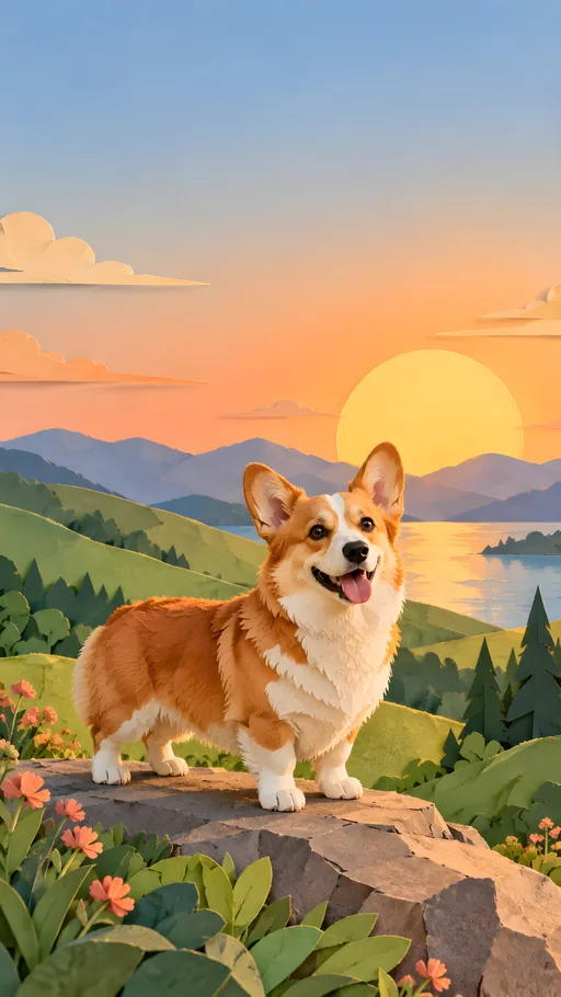Paper Corgi Under a Big Sun — Pets wallpaper