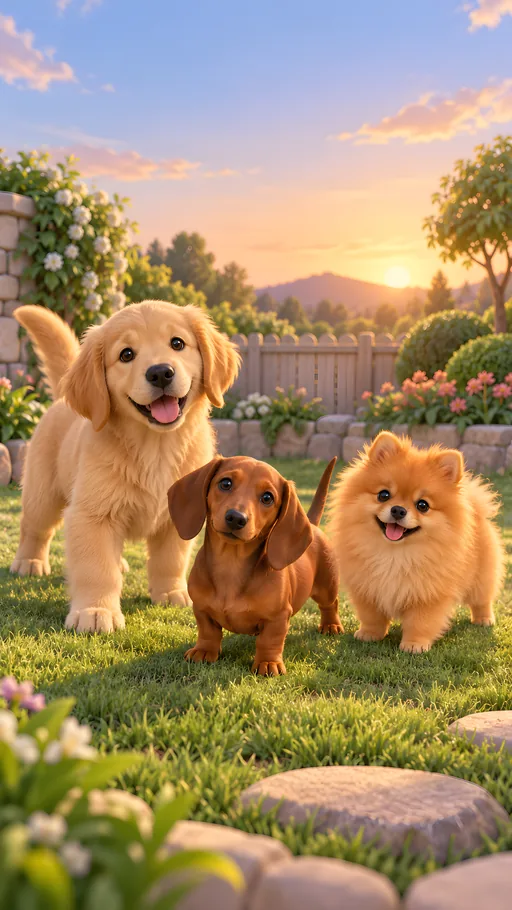 Puppies in a 3D Play Garden — Pets wallpaper