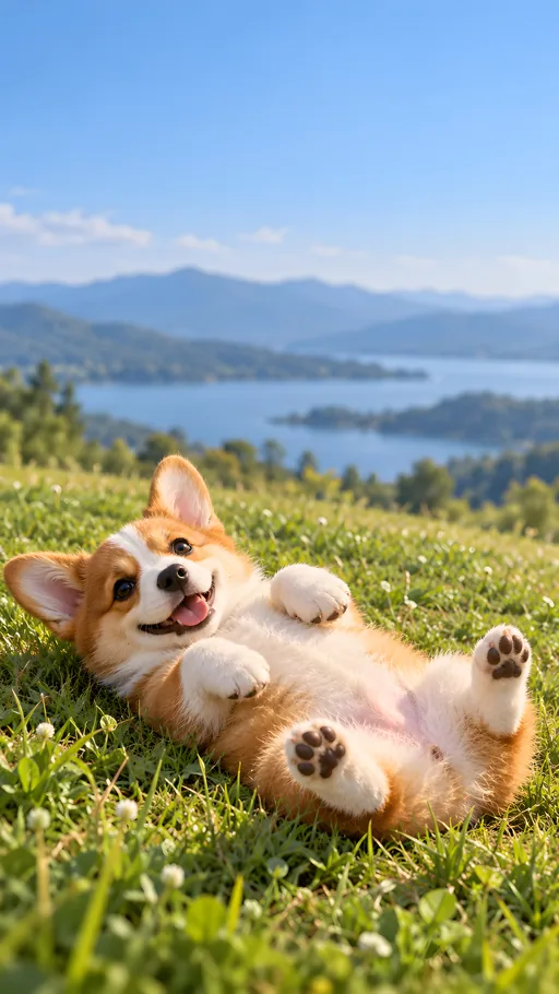 Corgi Puppy Rolling in the Grass — Pets wallpaper