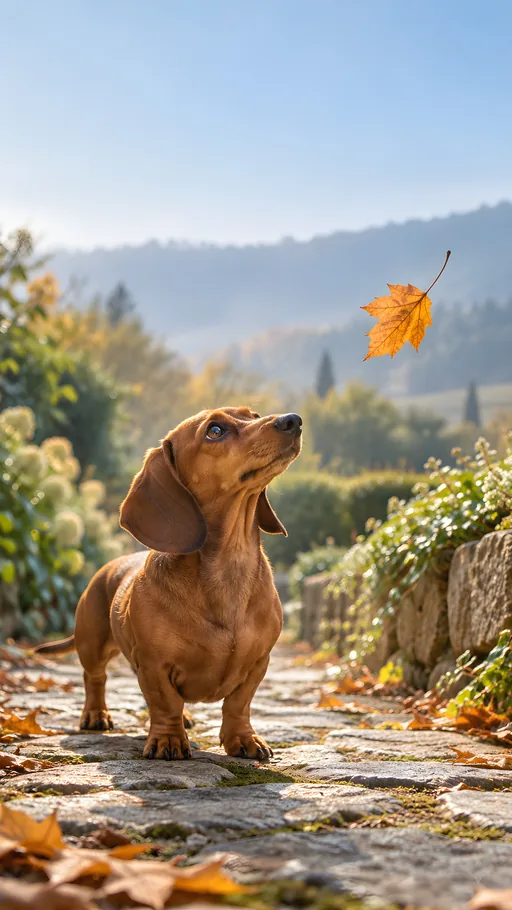 Dachshund and a Falling Leaf — Pets wallpaper