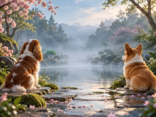 Spaniel and Corgi in the Garden — Pets wallpaper