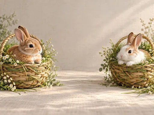 Two Rabbits in Grass Baskets — Pets wallpaper
