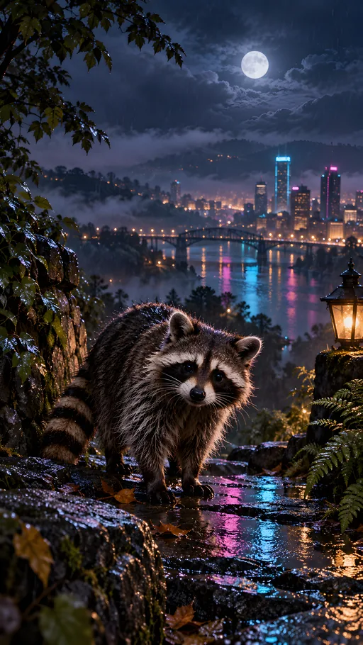 Raccoon in Neon Rain — Animals & Wildlife wallpaper
