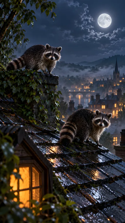 Raccoons on a Misty Rooftop — Animals & Wildlife wallpaper
