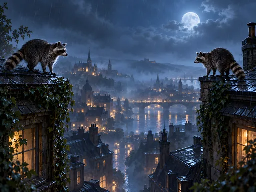 Raccoons Over Rainy Rooftops — Animals & Wildlife wallpaper