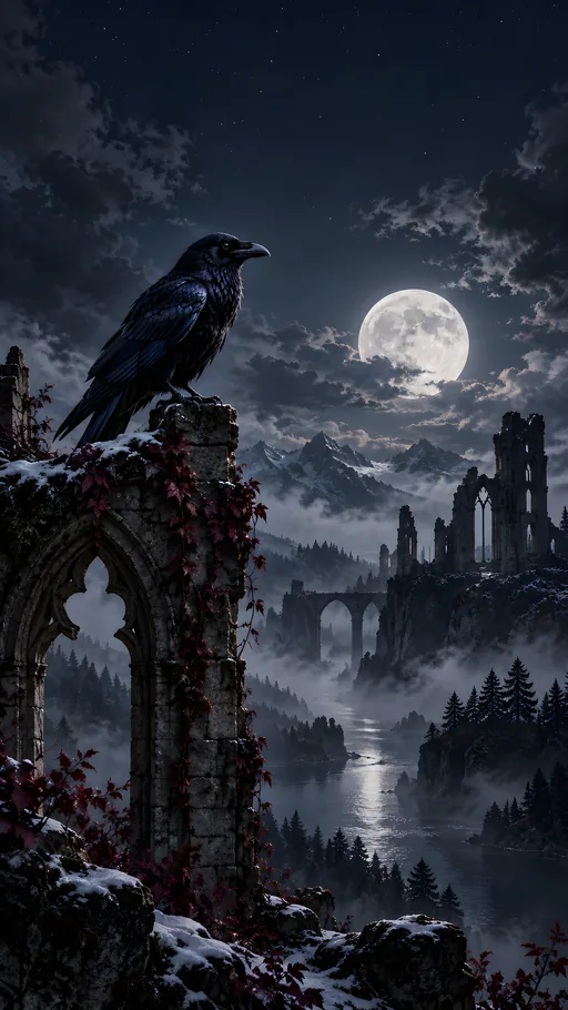 Raven Over Moonlit Ruins — Animals & Wildlife wallpaper