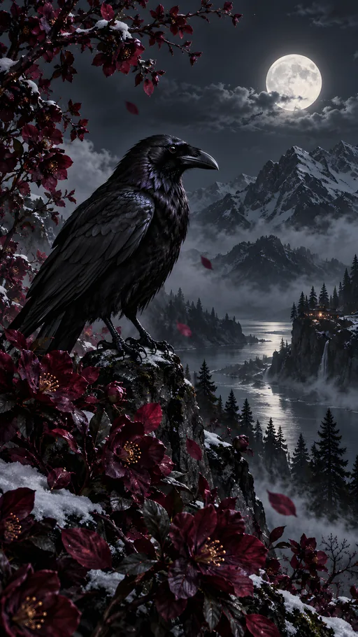 Crow Among Dark Flowers — Animals & Wildlife wallpaper