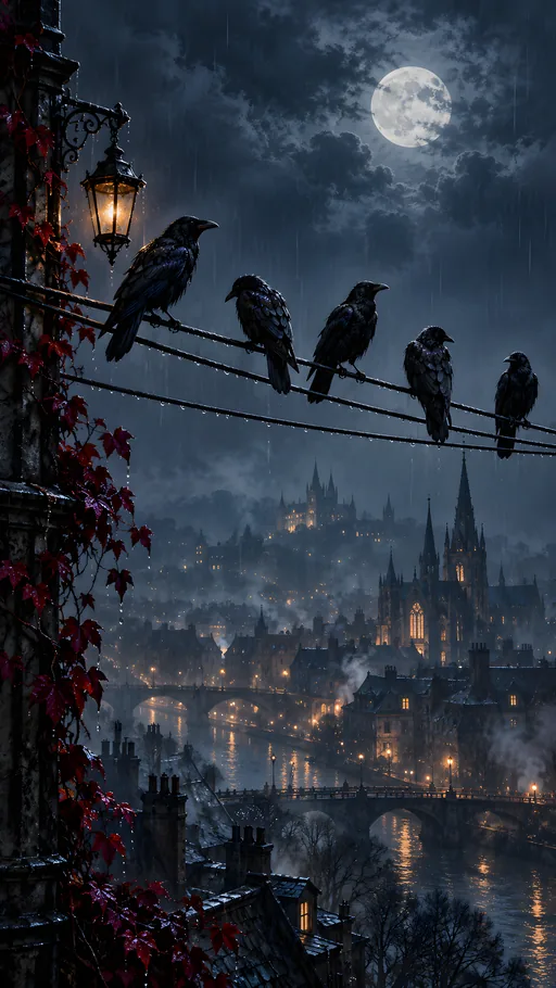 Crows on Rainy City Wires — Animals & Wildlife wallpaper