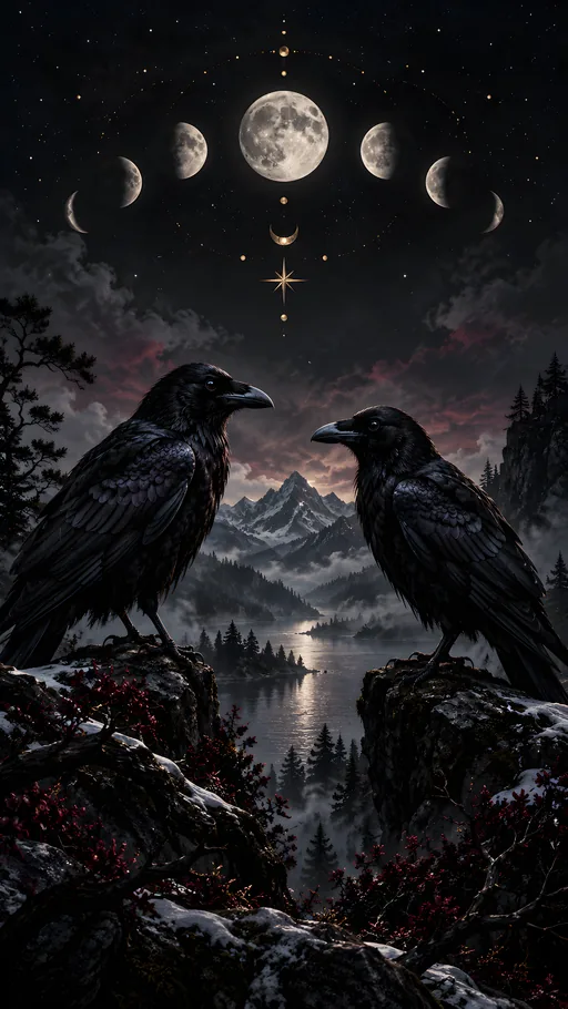 Two Ravens Under the Moons — Animals & Wildlife wallpaper