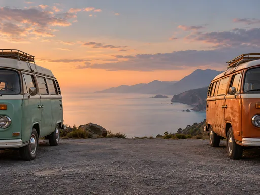 Two Retro Vans by the Sea — Cars & Vehicles Galaxy Fold wallpaper