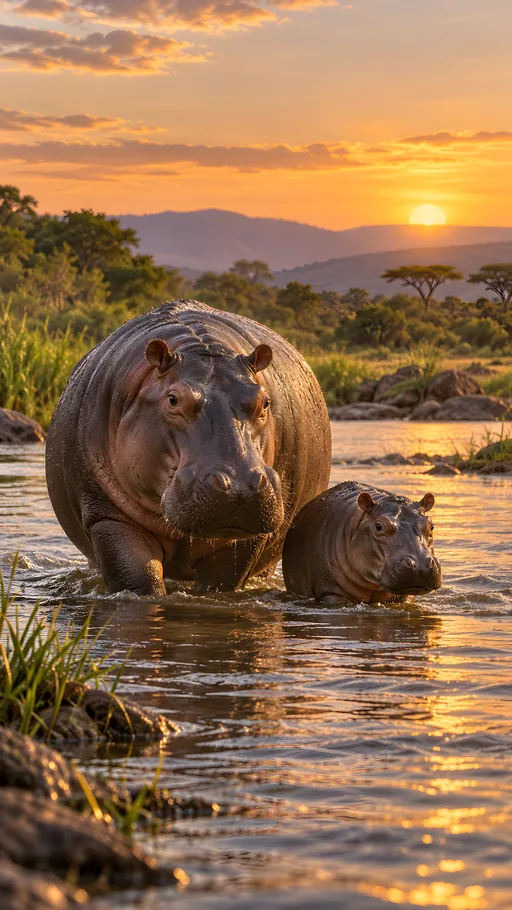 Hippo Mother and Calf — Animals & Wildlife wallpaper