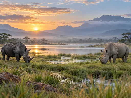 Rhinos in a Grassland Basin — Animals & Wildlife wallpaper