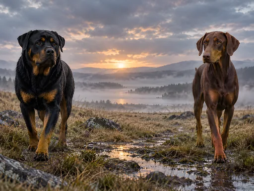 Rottweiler and Doberman in a Misty Field — Pets wallpaper