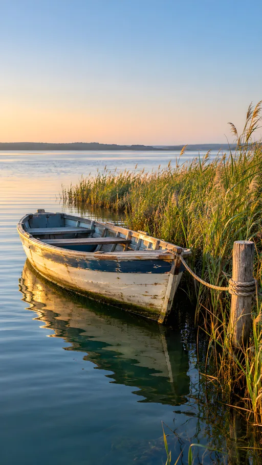 Wooden Dinghy by the Reeds — Cars & Vehicles phone wallpaper