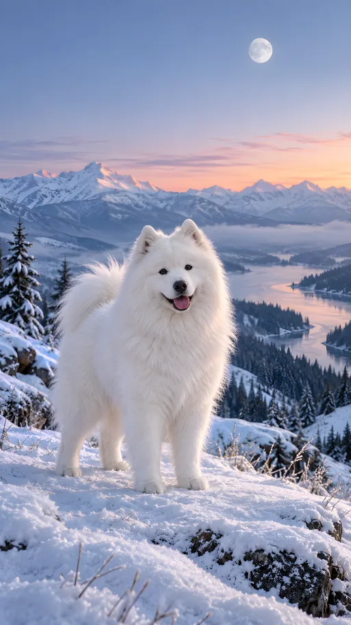 Smiling Samoyed in Blue Snow — Pets wallpaper
