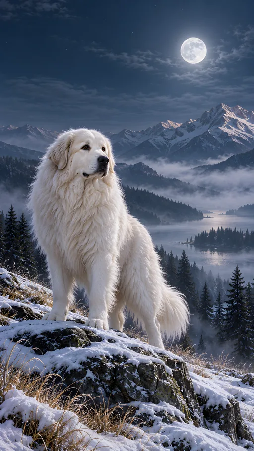 Great Pyrenees in Moonlit Fog — Pets wallpaper