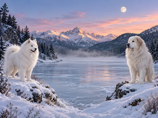 Samoyed and Pyrenees by a Frozen Lake — Pets wallpaper
