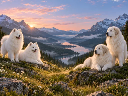 White Dogs in a Mountain Meadow — Pets wallpaper
