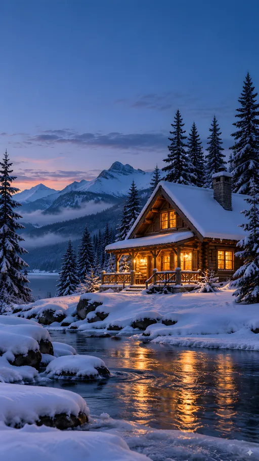 Snowy Cabin at Twilight — Seasons & Weather wallpaper