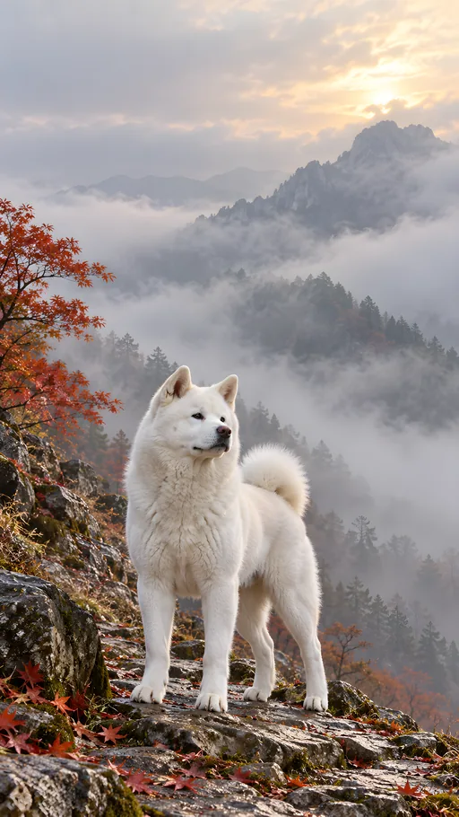 White Akita on a Foggy Path — Pets wallpaper