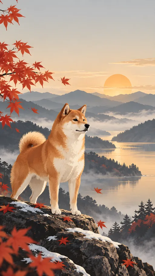 Graphic Shiba with Sun and Hills — Pets wallpaper