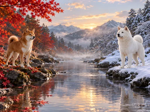 Shiba and Akita by a Maple Stream — Pets wallpaper
