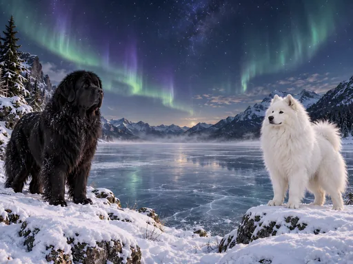 Black and White Dogs by a Frozen Lake — Pets wallpaper