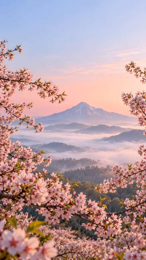 Cherry Blossoms and Misty Mountain — Flowers & Plants wallpaper