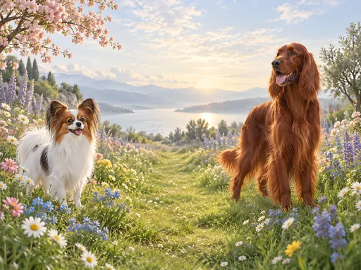 Dogs in a Flower Field — Pets wallpaper