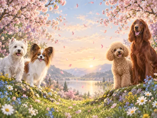 Dogs Under Falling Petals — Pets wallpaper