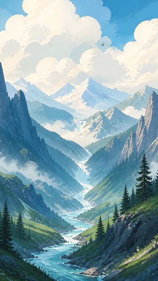 Towering Illustrated Mountain Pass — Nature & Landscapes wallpaper