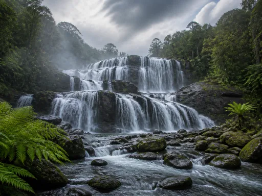 Wide Tiered Waterfall Flowing Over Dark — Nature & Landscapes Galaxy Fold wallpaper