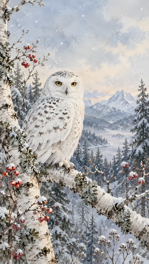 Snowy Owl on a Birch Branch — Animals & Wildlife wallpaper