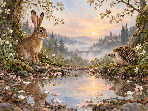 Hare and Hedgehog by a Puddle — Animals & Wildlife wallpaper