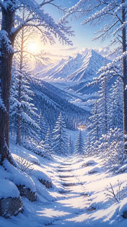 Tall Snow-covered Forest Path Climbing — Seasons & Weather wallpaper