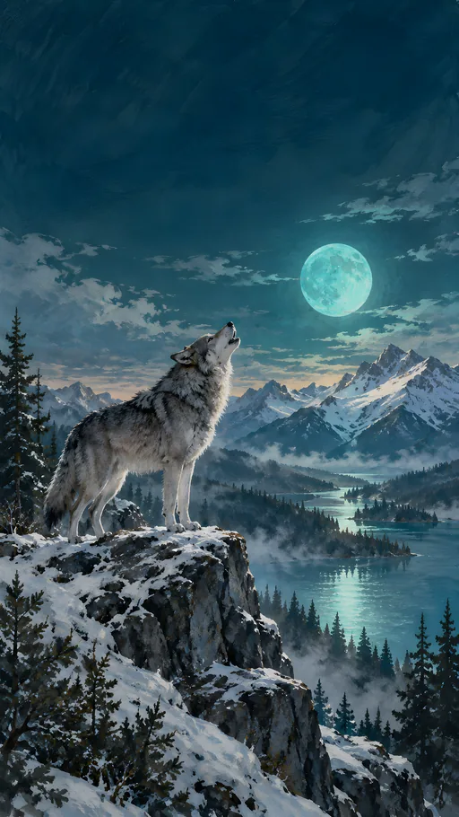 Wolf Under a Turquoise Moon — Animals & Wildlife wallpaper